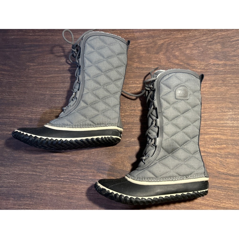 SOREL Womens Size 8 Out N About Tall Snow Boot Grey Lace-Up Quilted Lined Boots - Picture 2 of 7